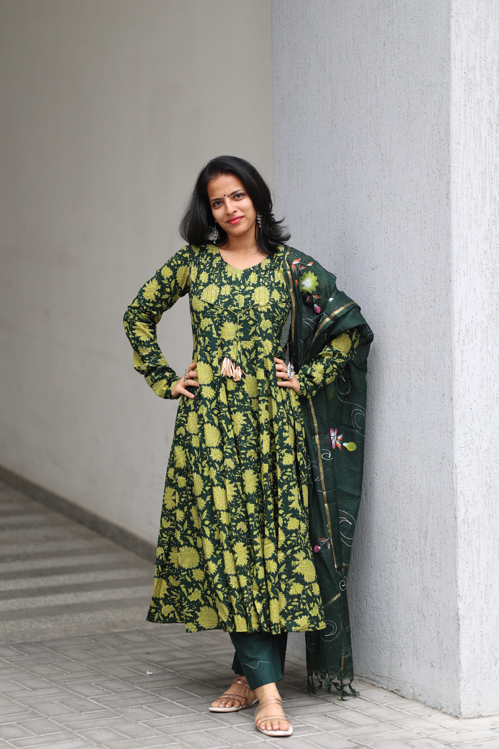 Green Cotton Anarkali Set