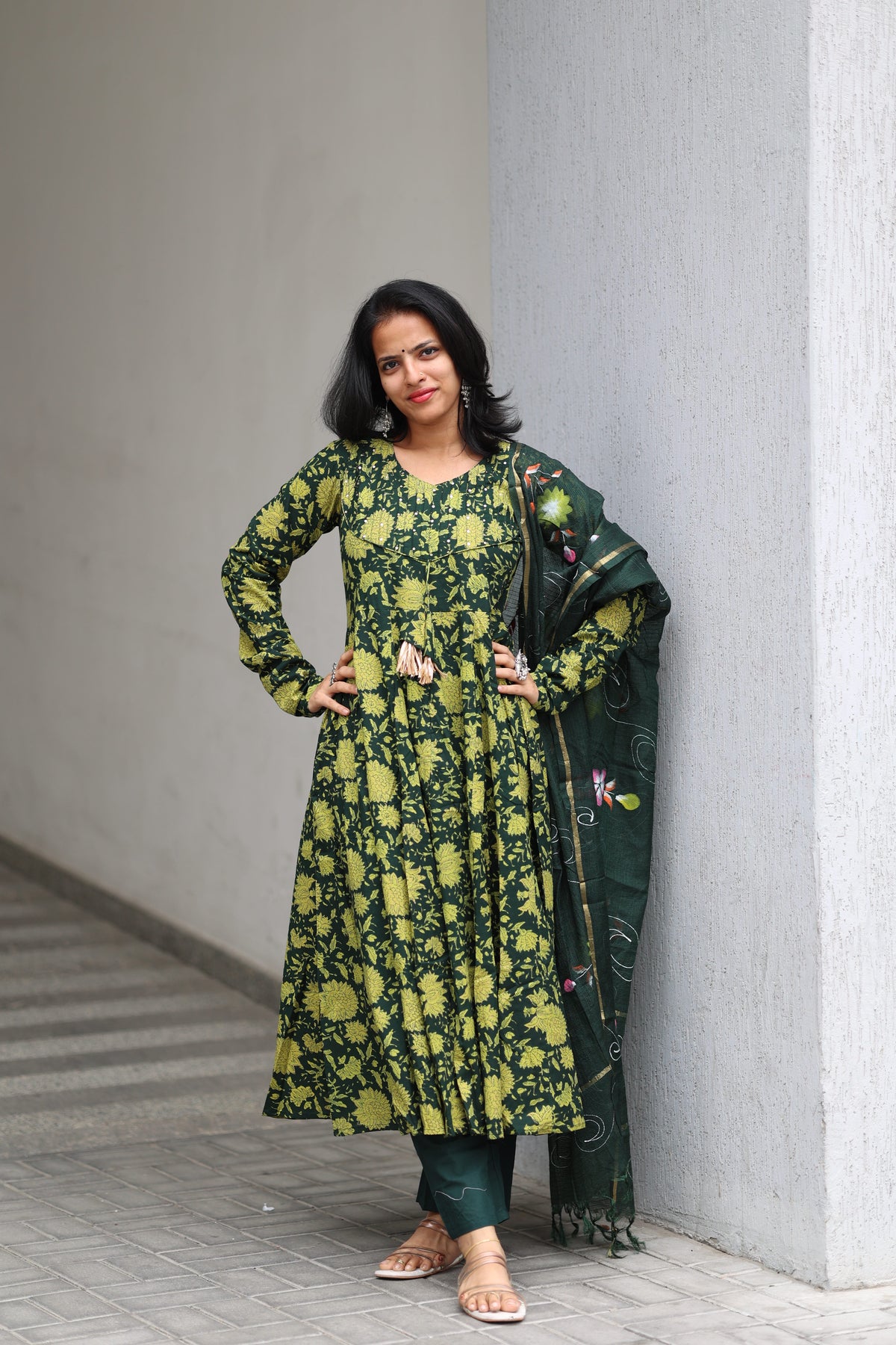 Green Cotton Anarkali Set