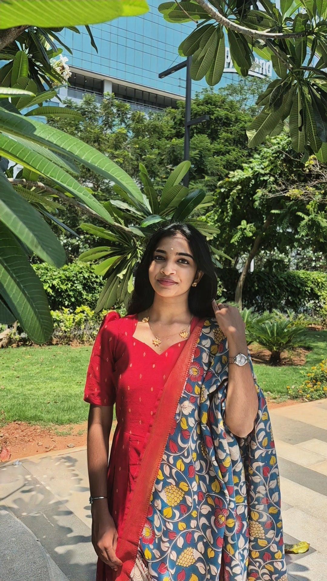 Red silk salwar set with kalamkari Dhupatta