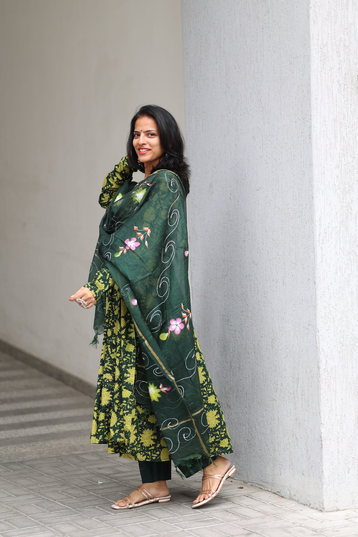 Green Cotton Anarkali Set