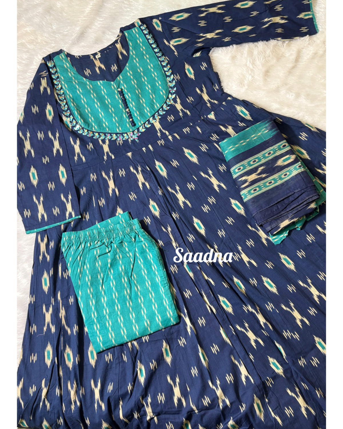 Blue Ikkat Anarkali Set