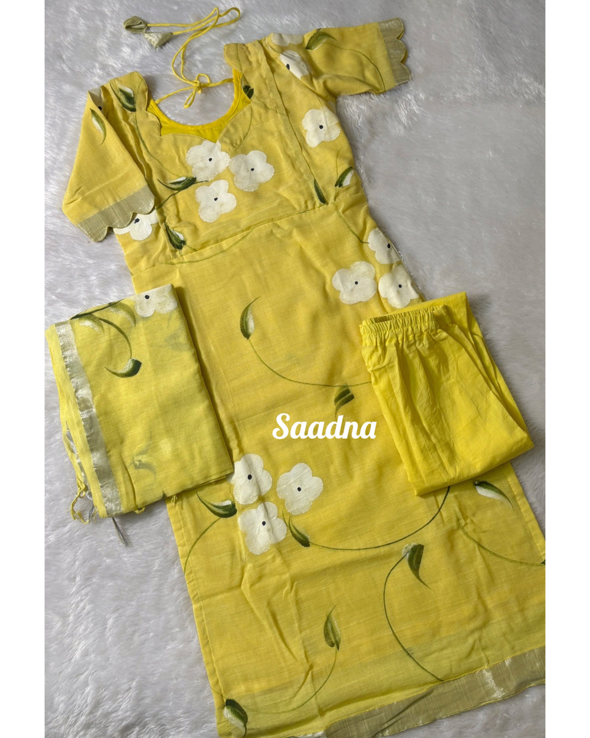 Yellow hand paint Linen Salwar Set