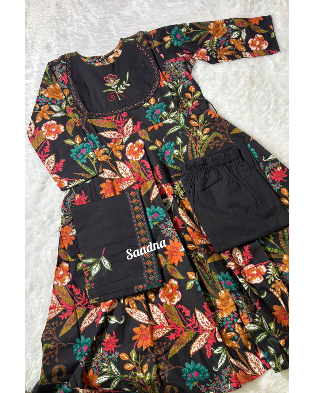 Black Floral Anarkali Set