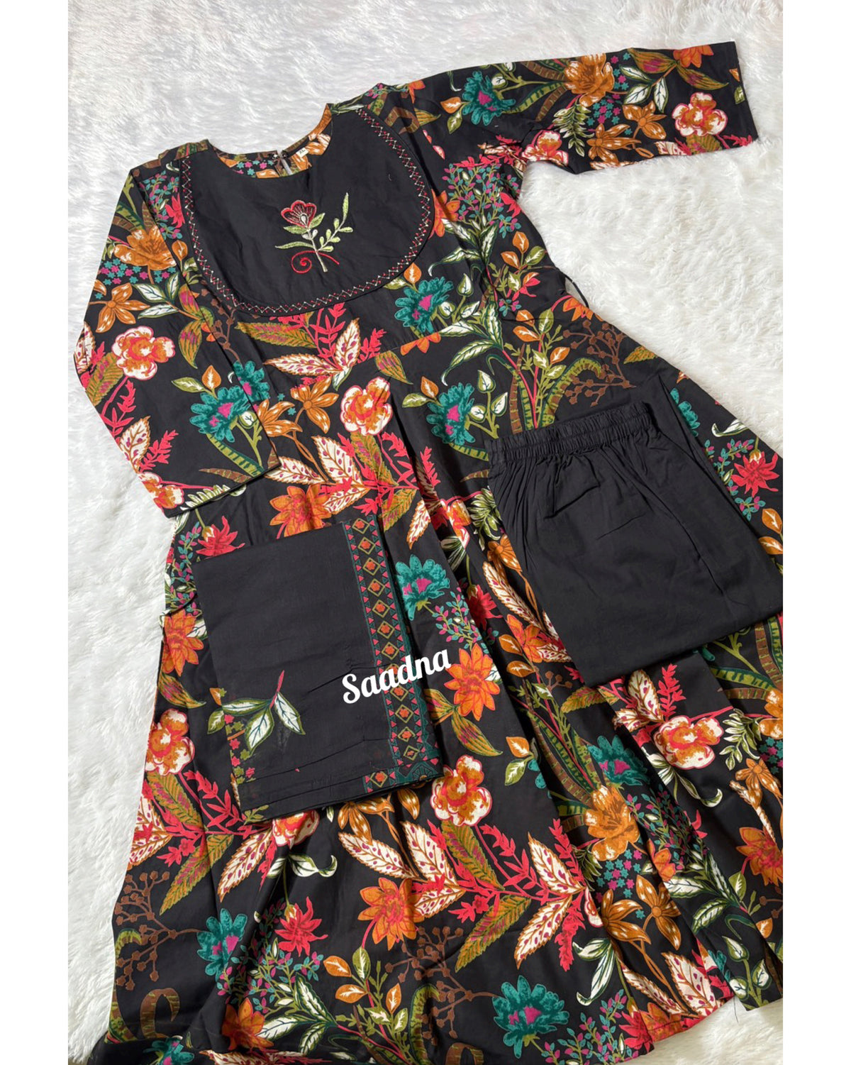 Black Floral Anarkali Set