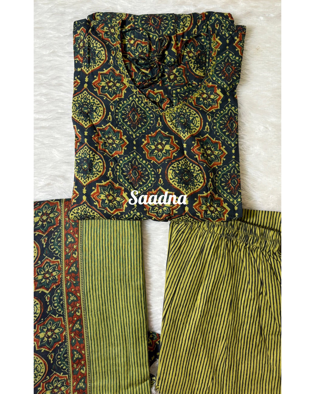 Green Ajrakh Anarkali set