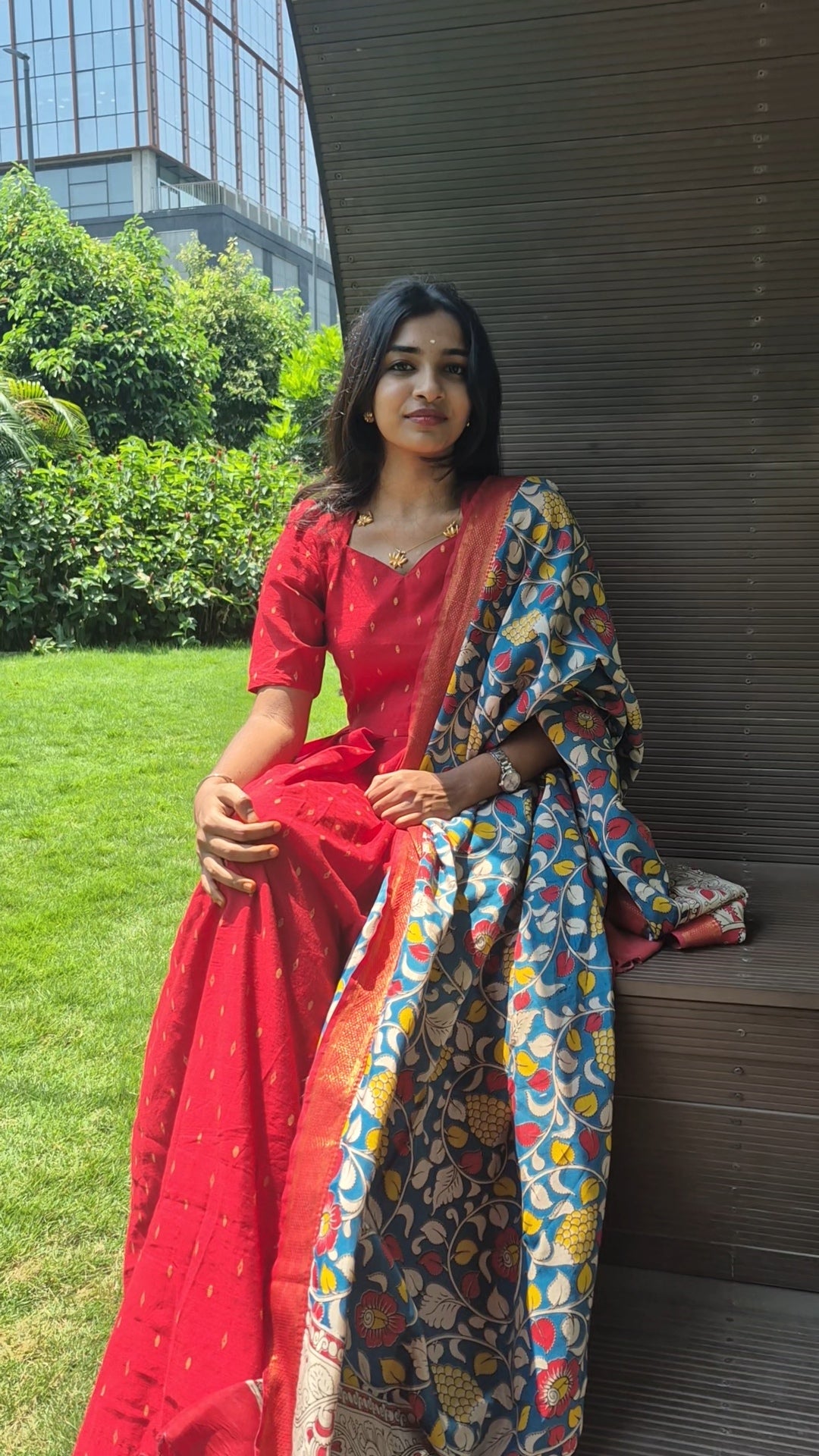 Red silk salwar set with kalamkari Dhupatta