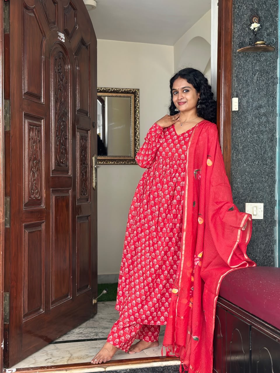 Red Full Sleeves Anarkali Set