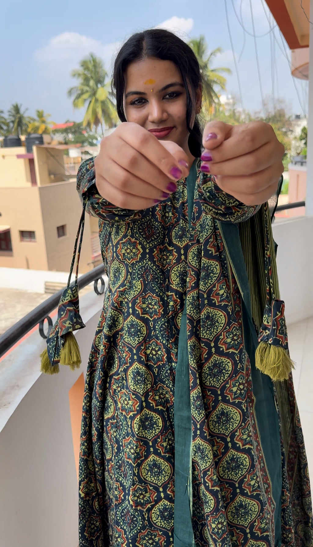 Green Ajrakh Anarkali set