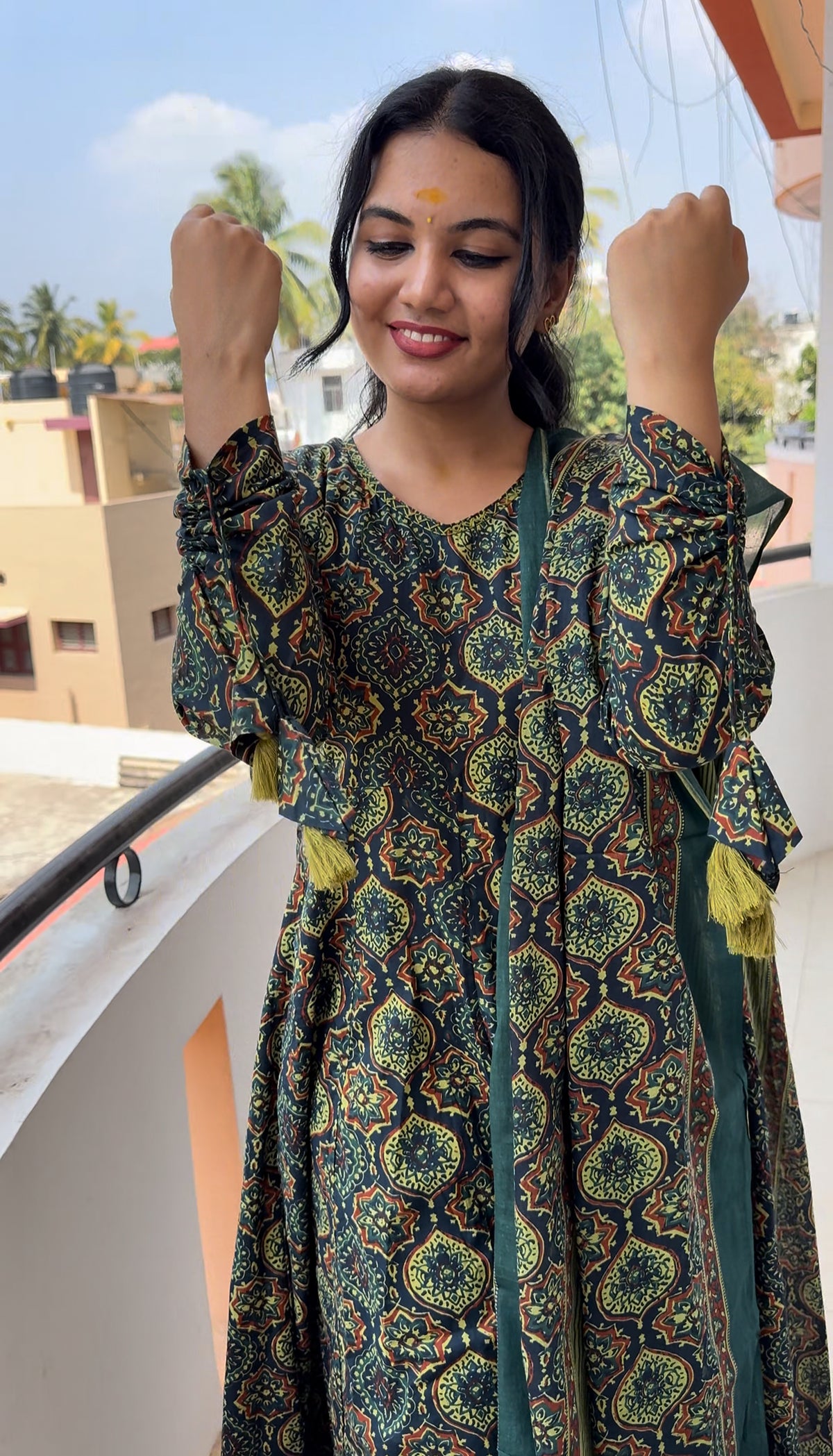 Green Ajrakh Anarkali set