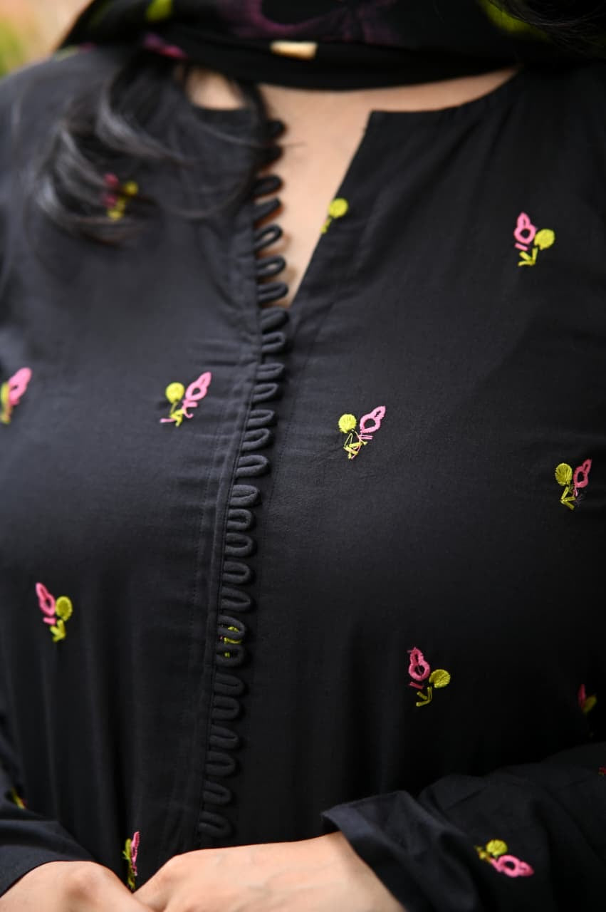 Black embroidery A line cotton Set