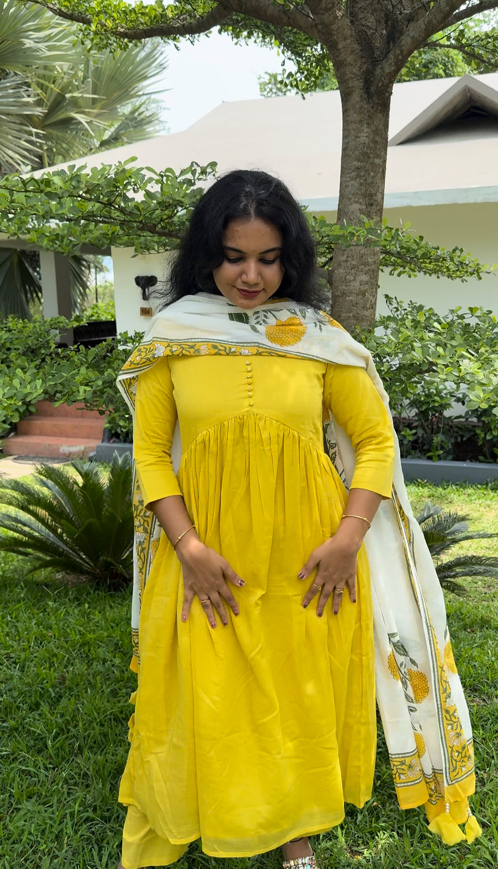 Yellow Cotton Anarkali Set