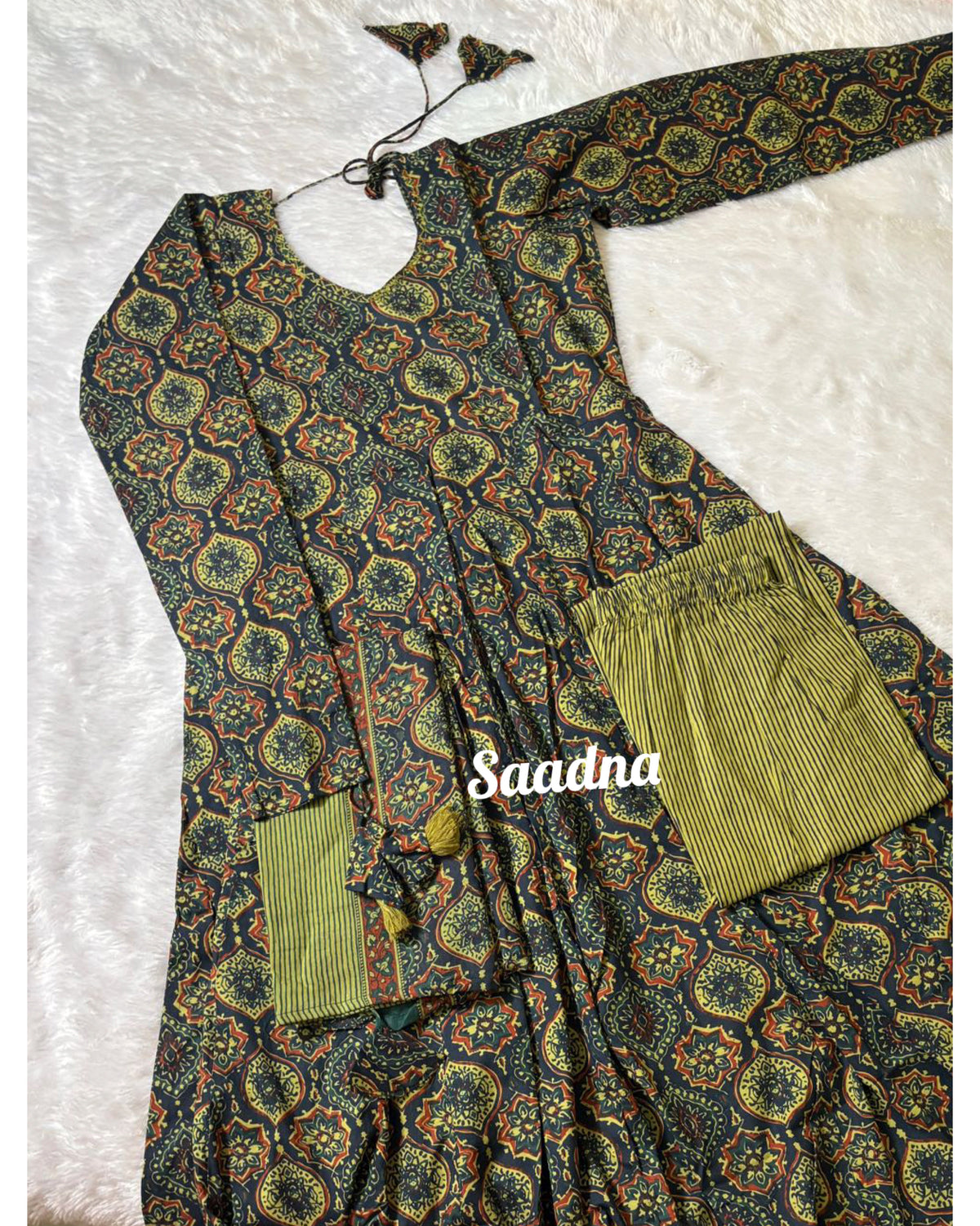 Green Ajrakh Anarkali set