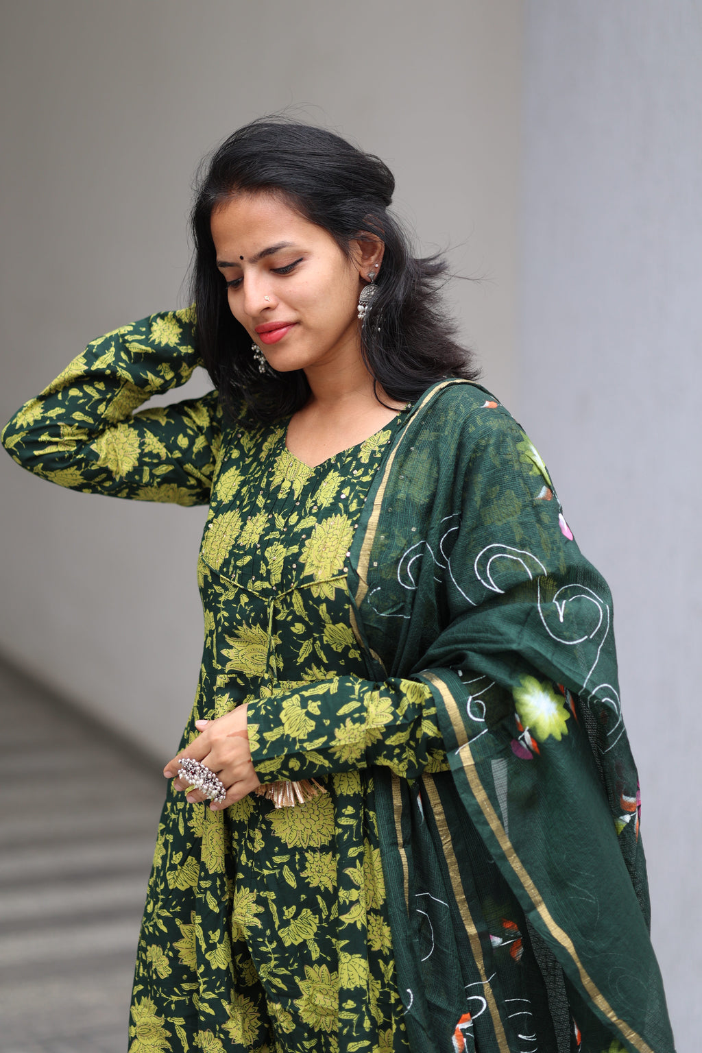 Green Cotton Anarkali Set