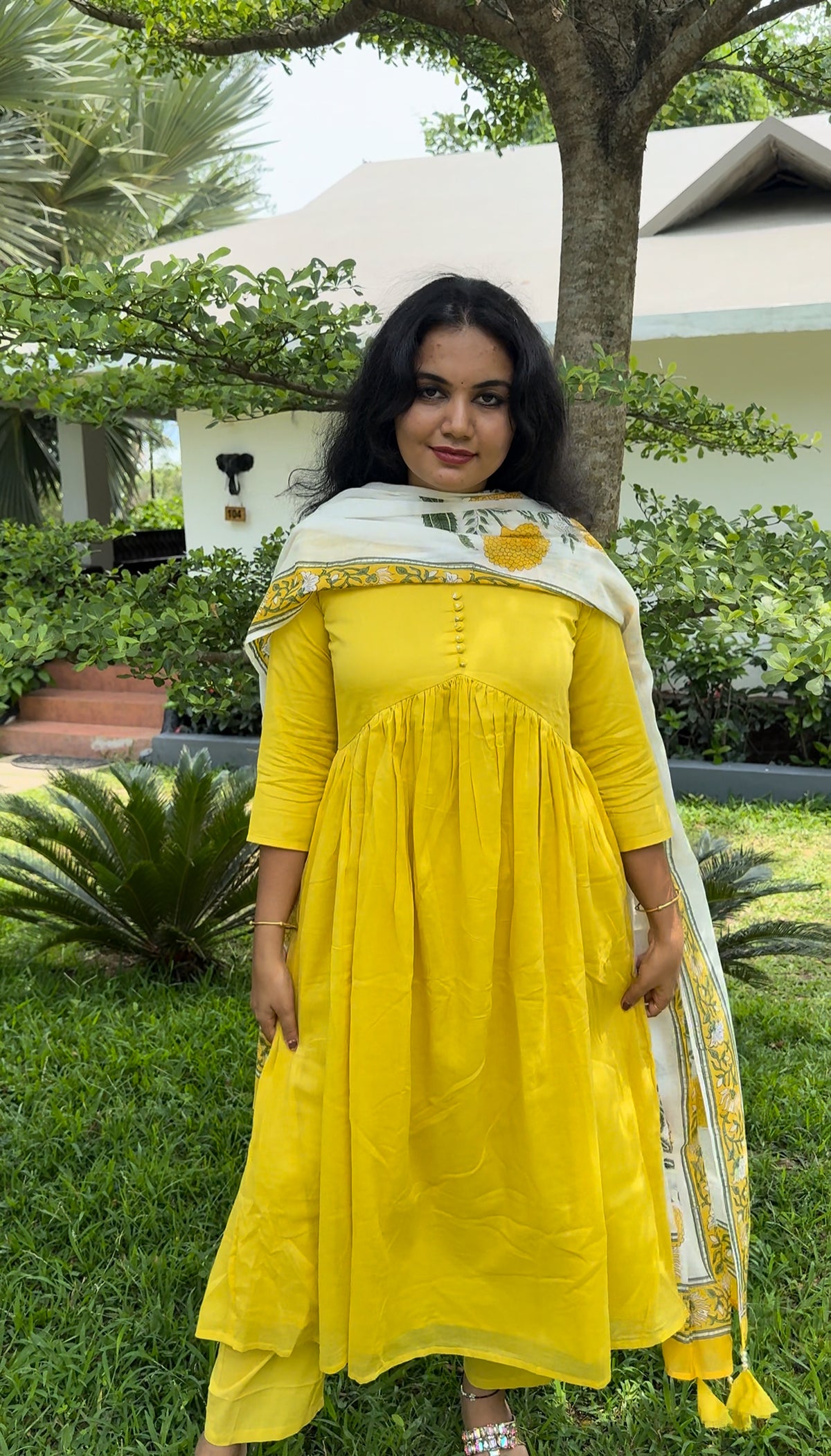 Yellow Cotton Anarkali Set