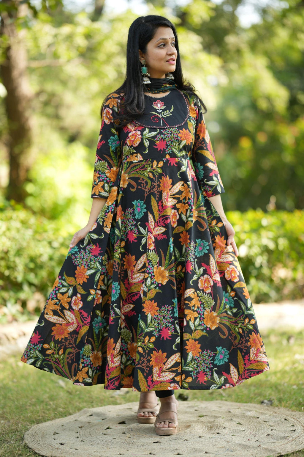 Black Floral Anarkali Set