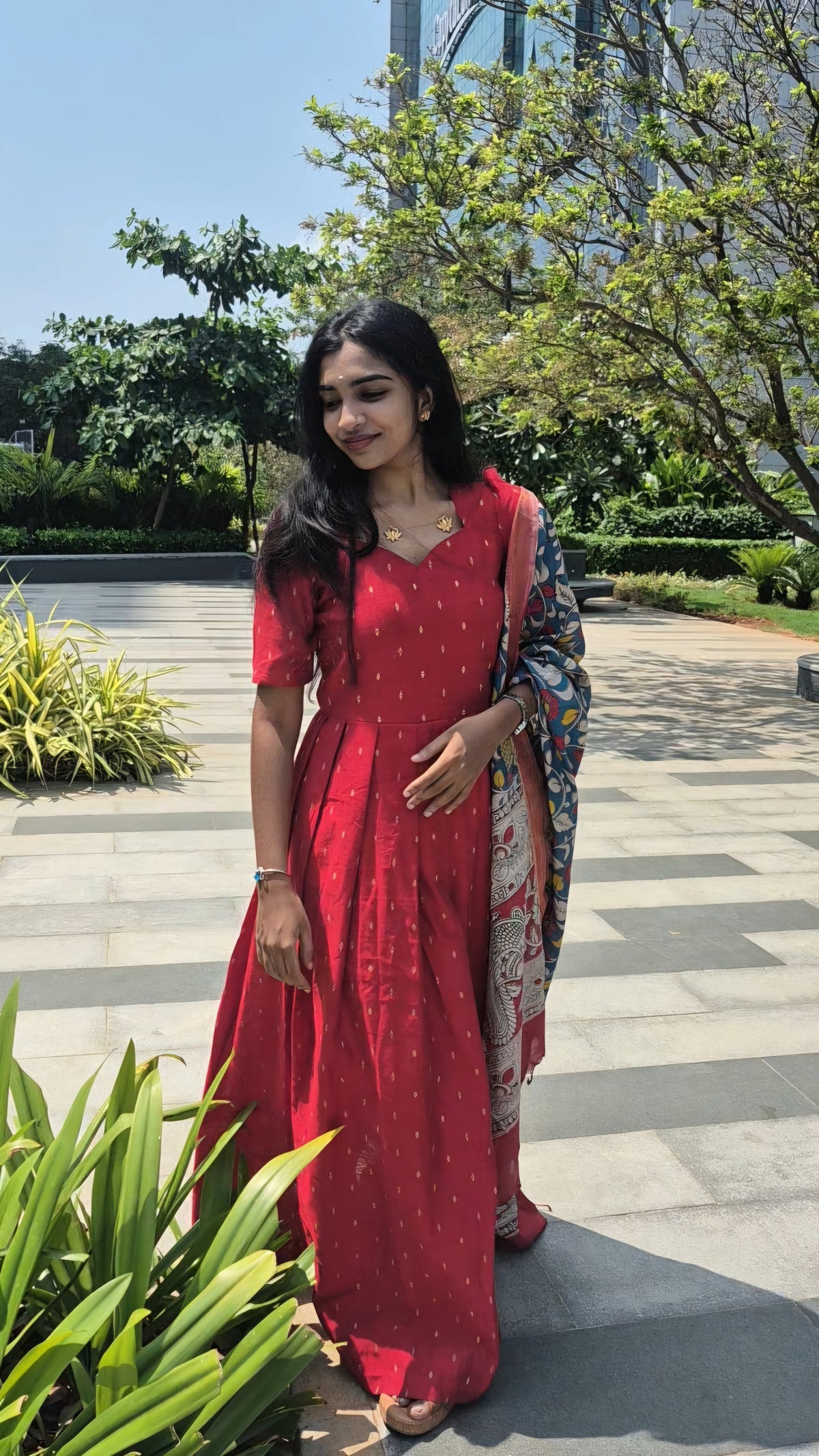 Red silk salwar set with kalamkari Dhupatta