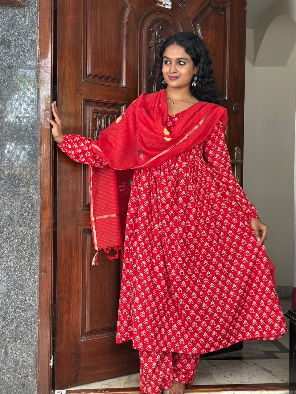 Red Full Sleeves Anarkali Set