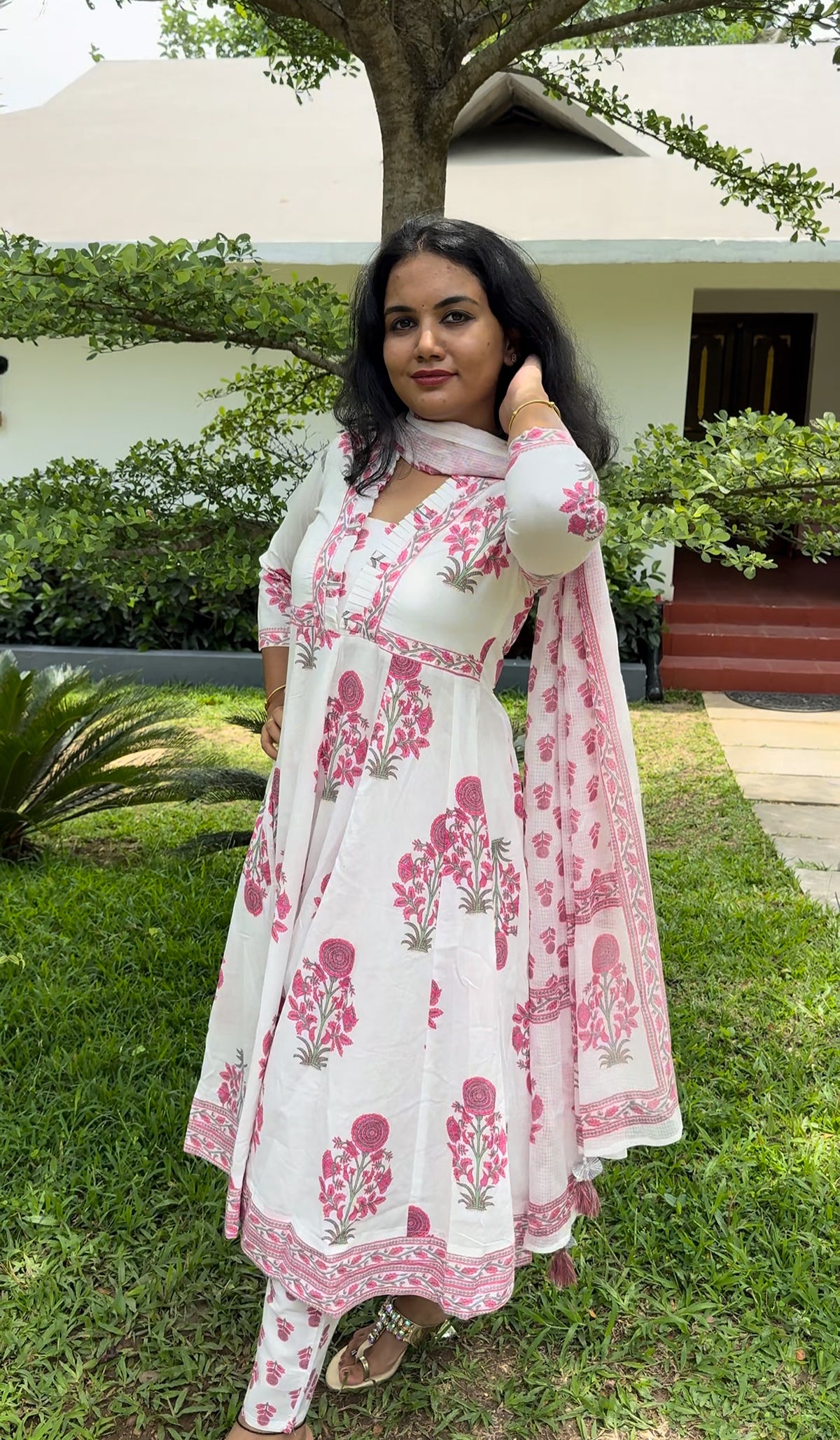 White floral Anarkali set