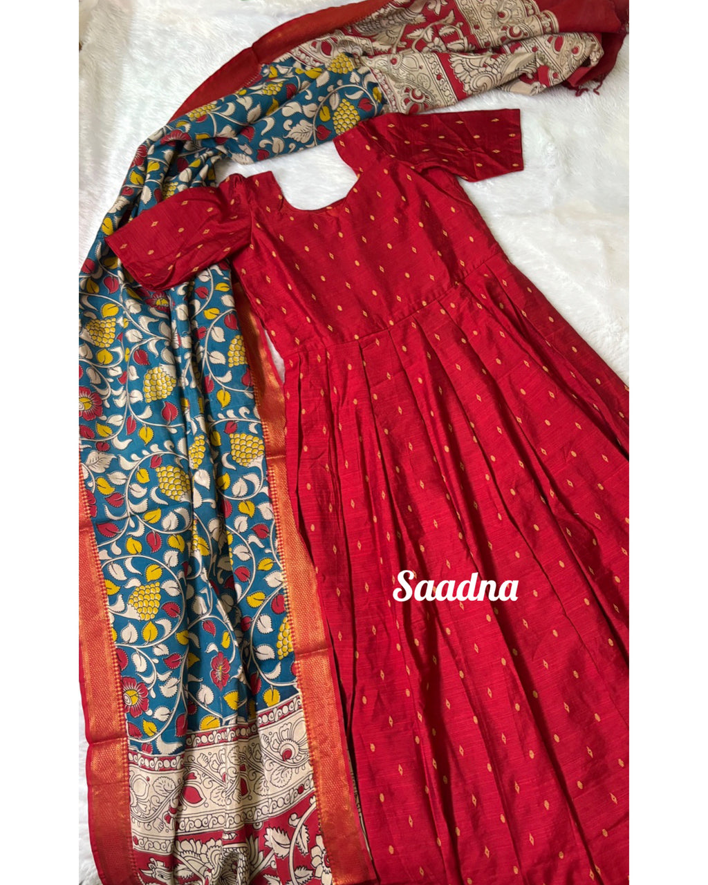 Red silk salwar set with kalamkari Dhupatta
