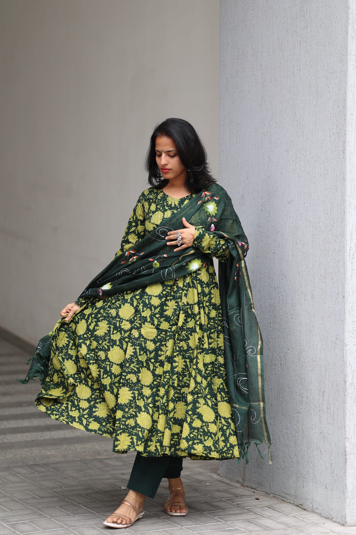 Green Cotton Anarkali Set