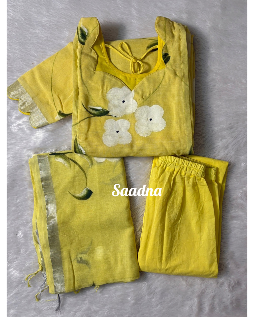 Yellow hand paint Linen Salwar Set