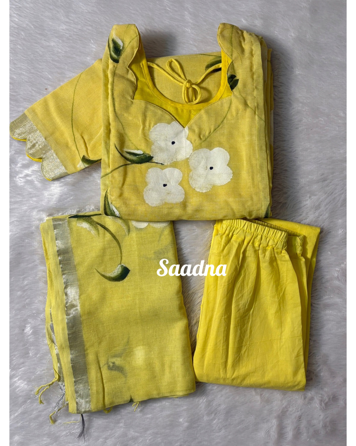 Yellow hand paint Linen Salwar Set