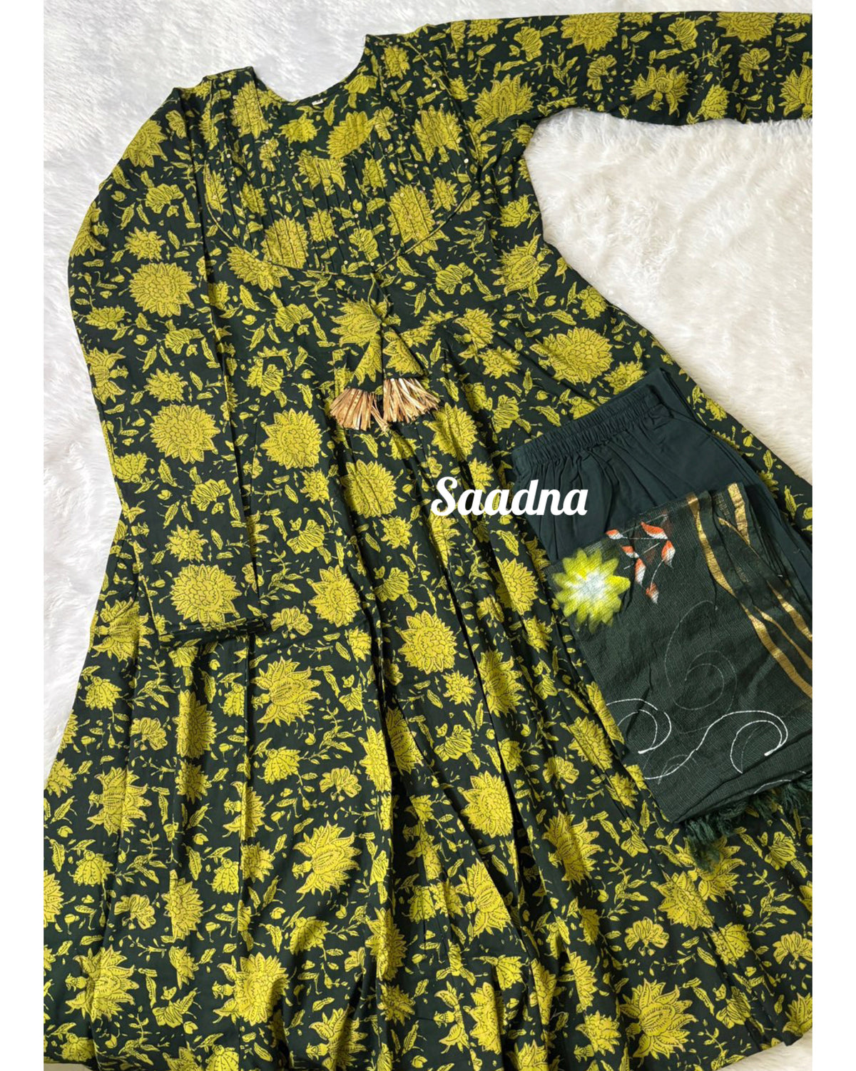 Green Cotton Anarkali Set