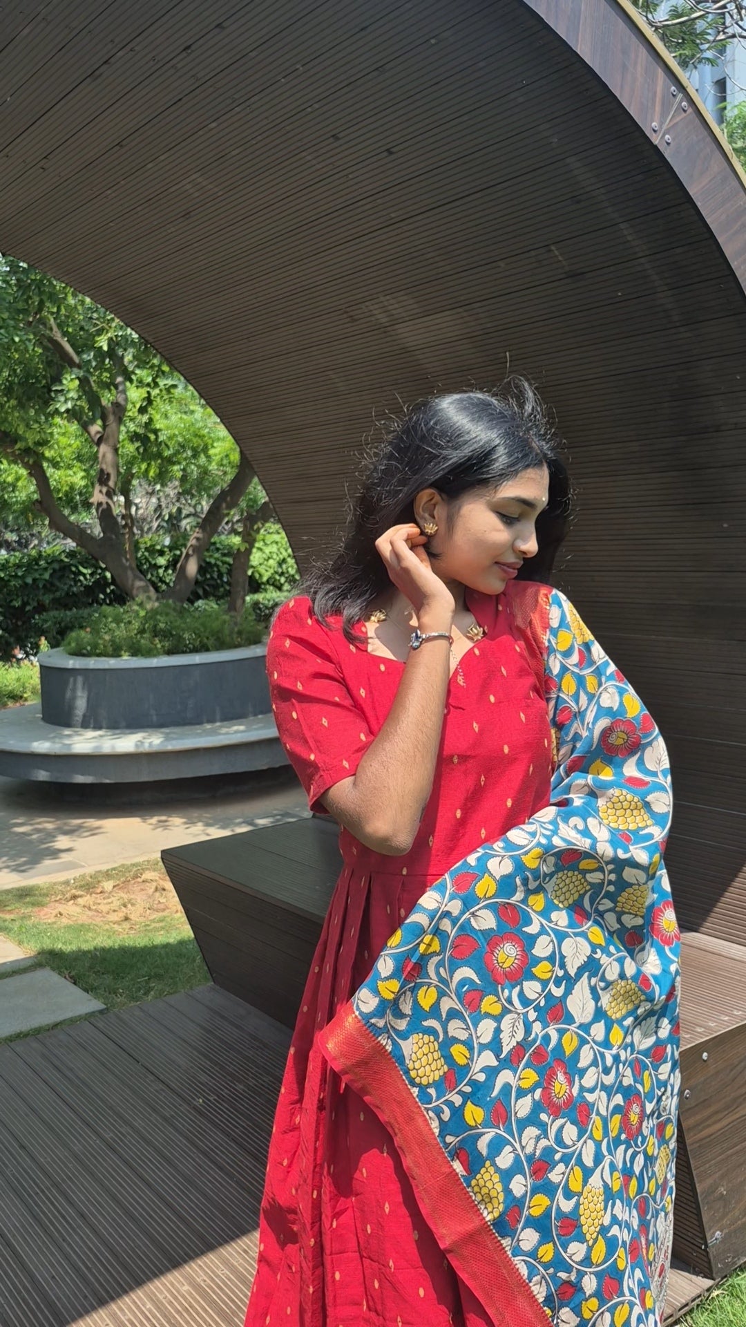 Red silk salwar set with kalamkari Dhupatta