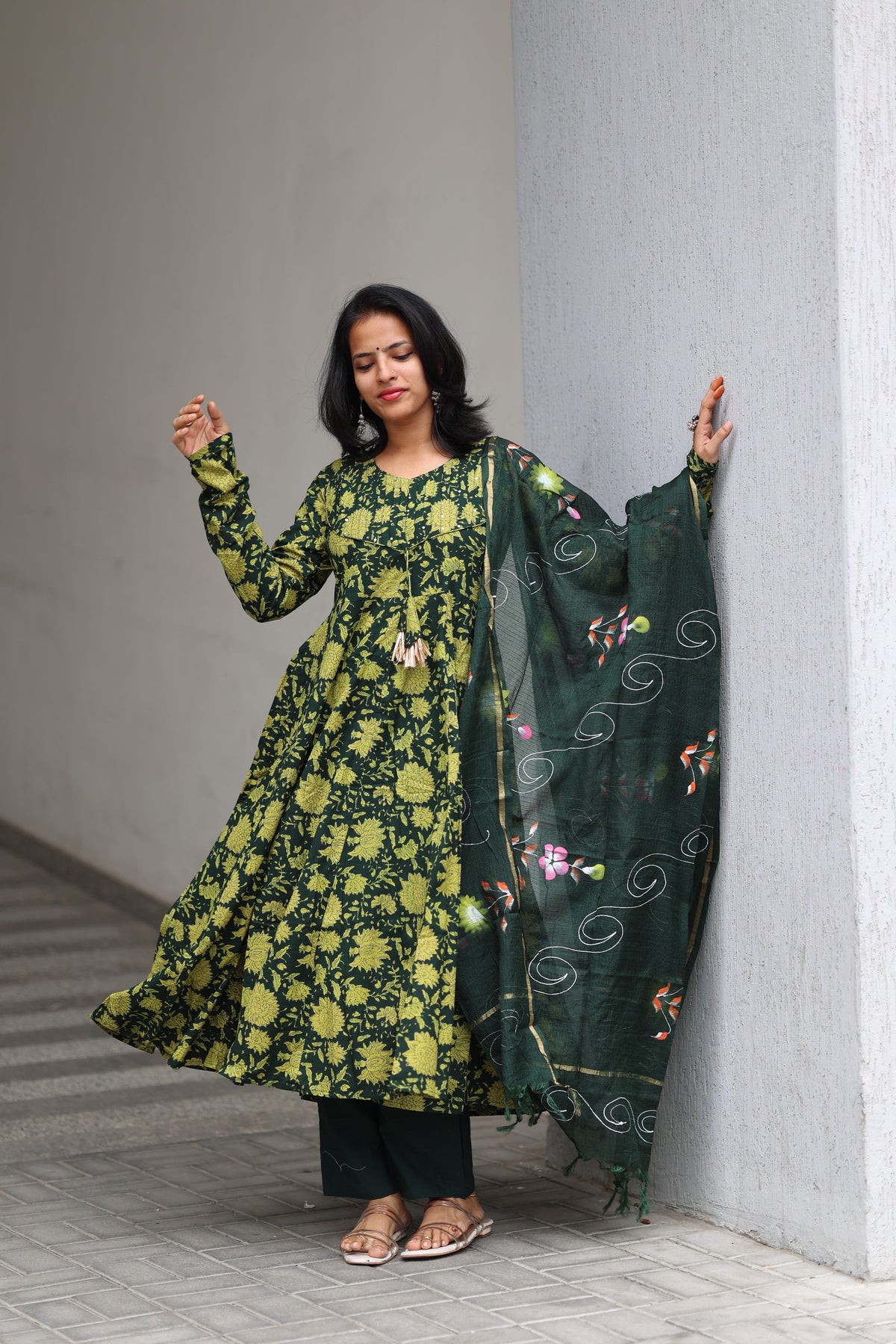 Green Cotton Anarkali Set