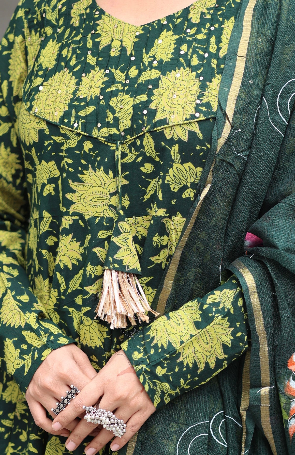 Green Cotton Anarkali Set