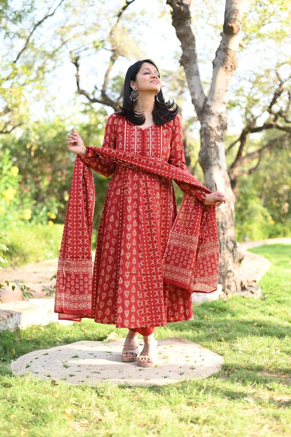 Red full sleeves Anarkali Set