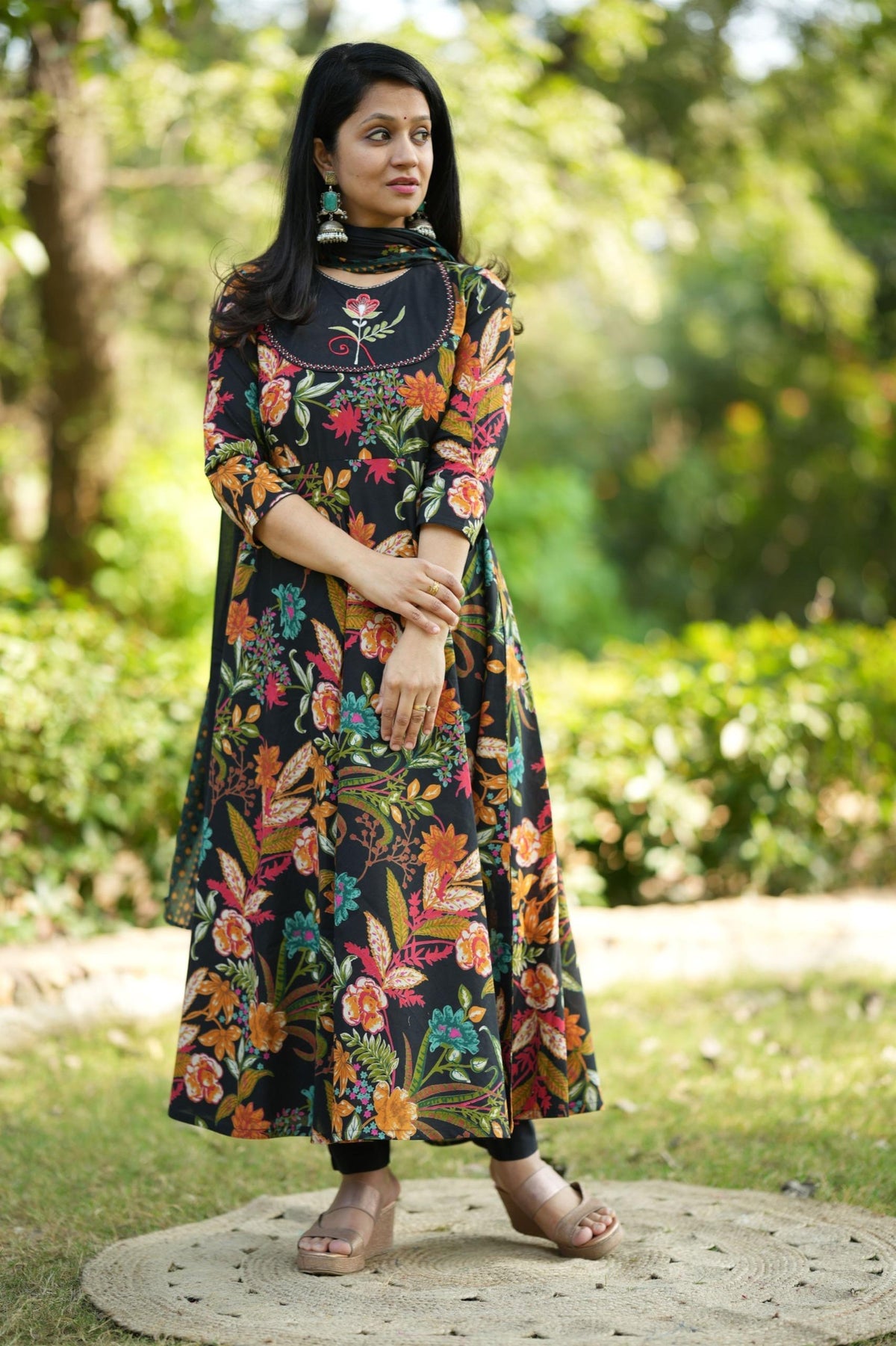 Black Floral Anarkali Set