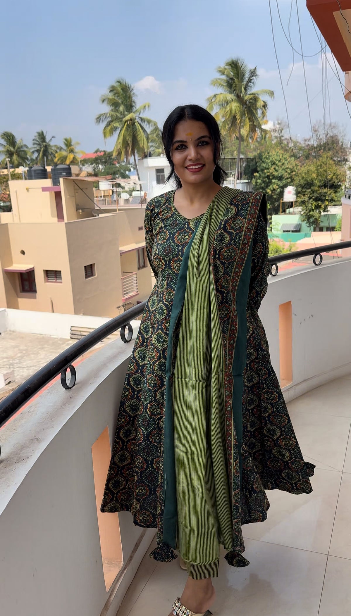 Green Ajrakh Anarkali set