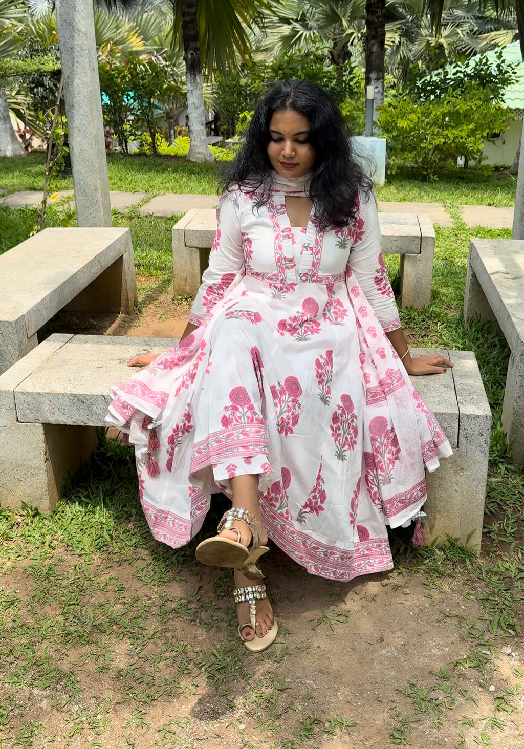 White floral Anarkali set