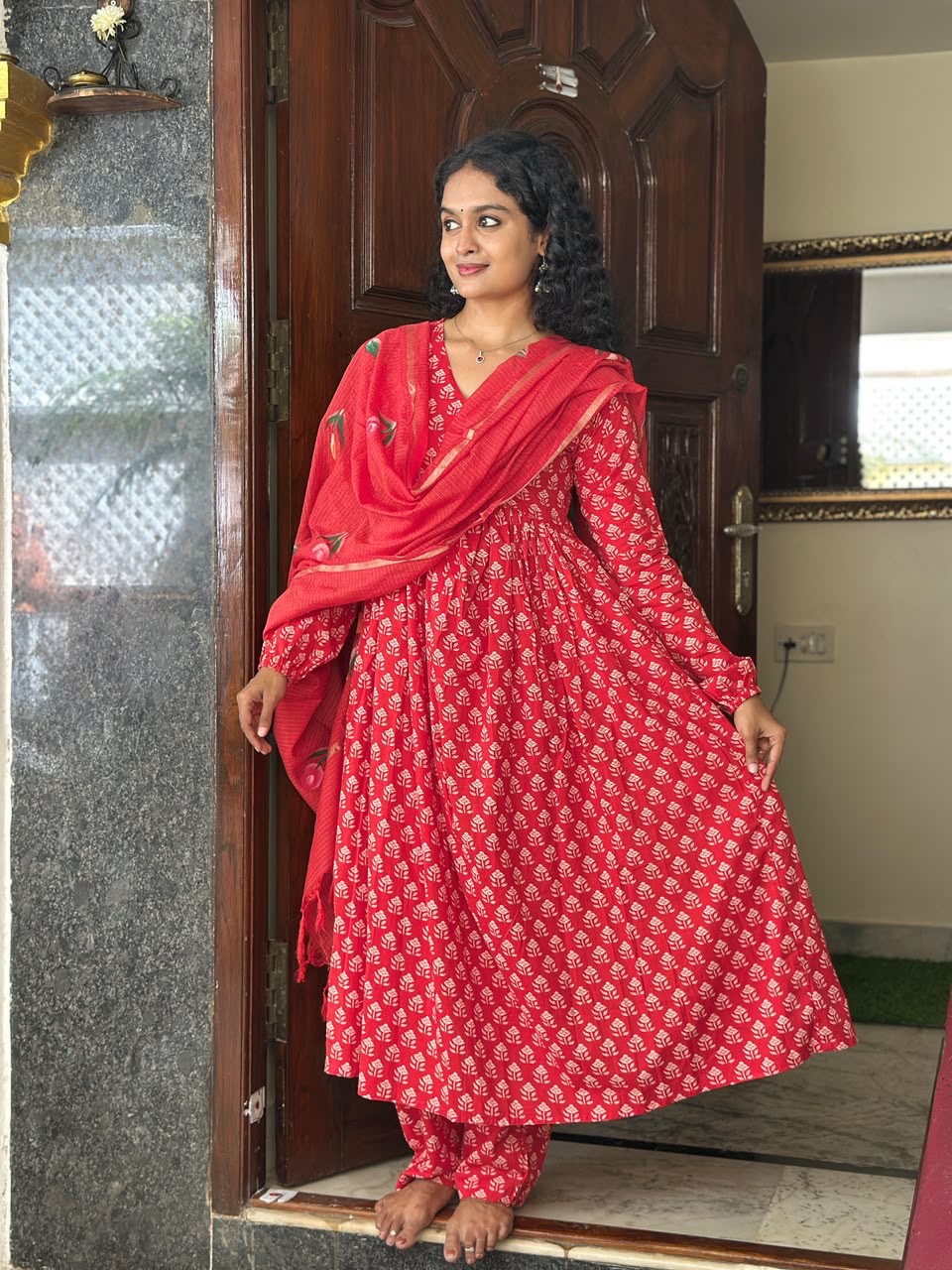 Red Full Sleeves Anarkali Set