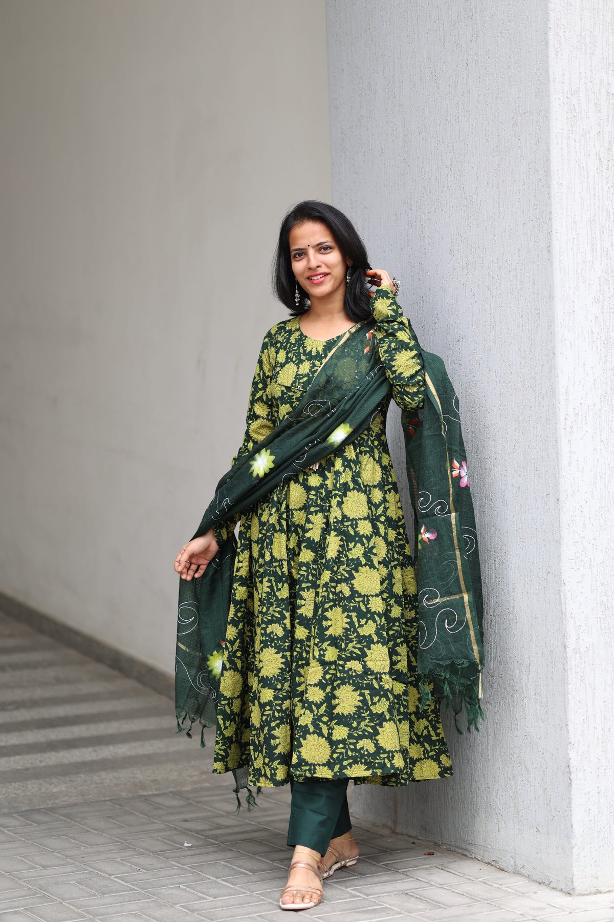 Green Cotton Anarkali Set