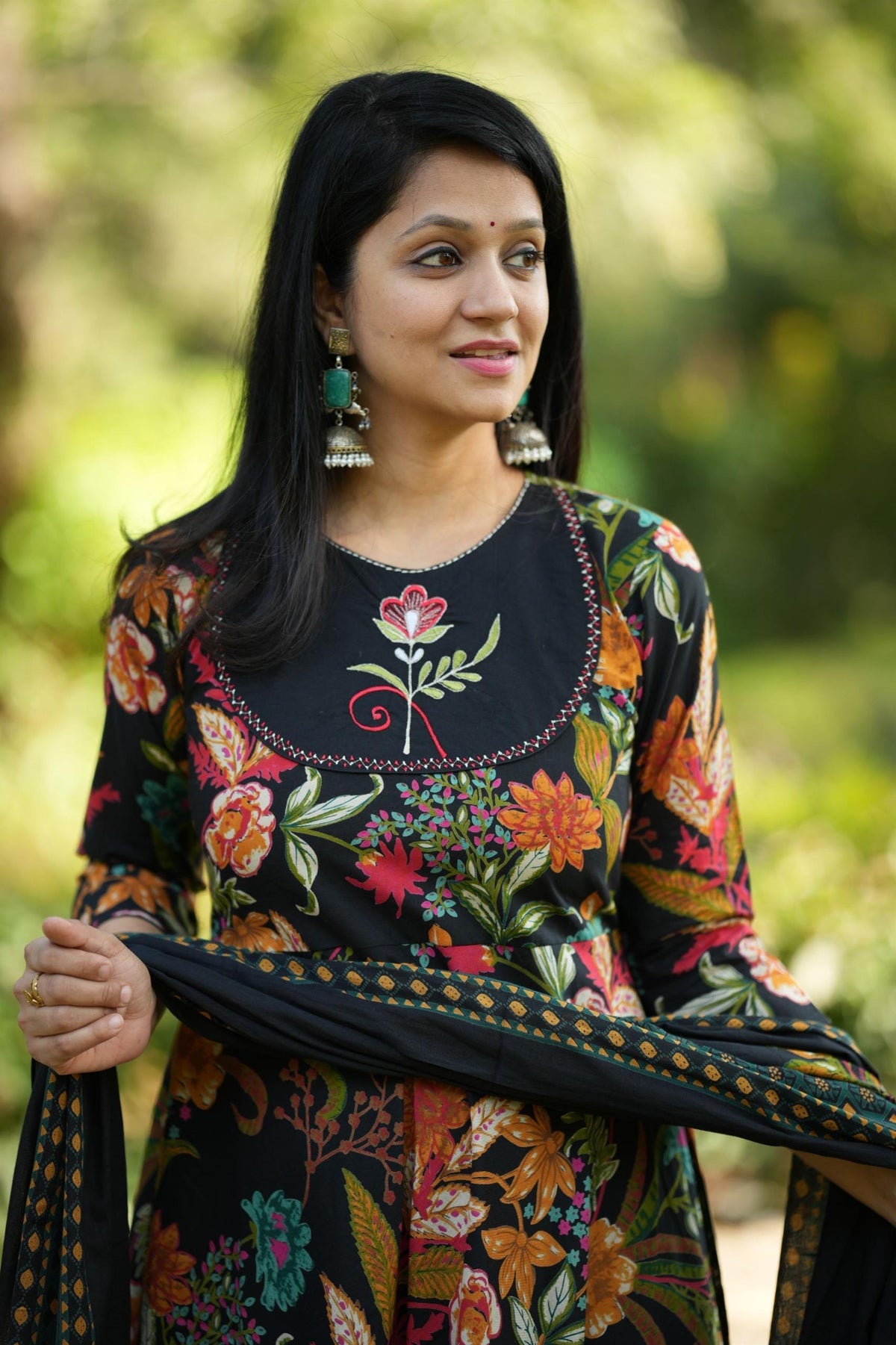 Black Floral Anarkali Set