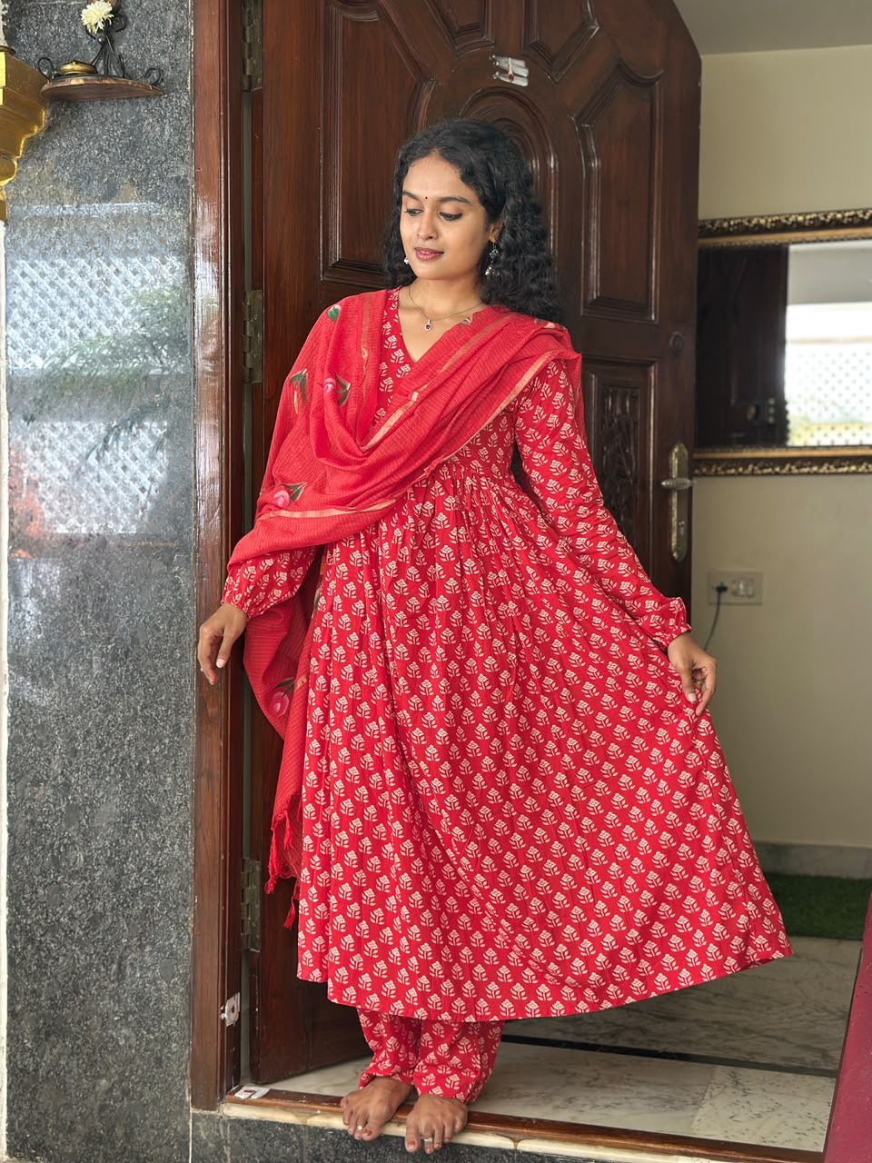 Red Full Sleeves Anarkali Set