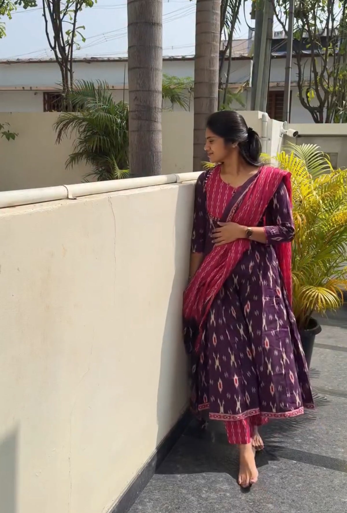 Pink Ikkat Anarkali Set
