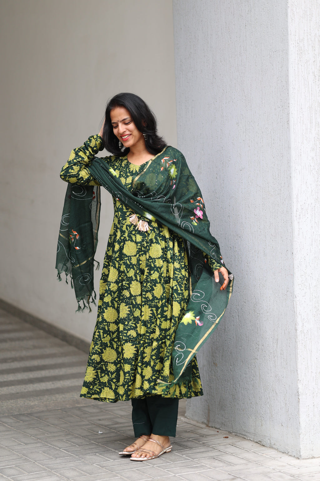Green Cotton Anarkali Set