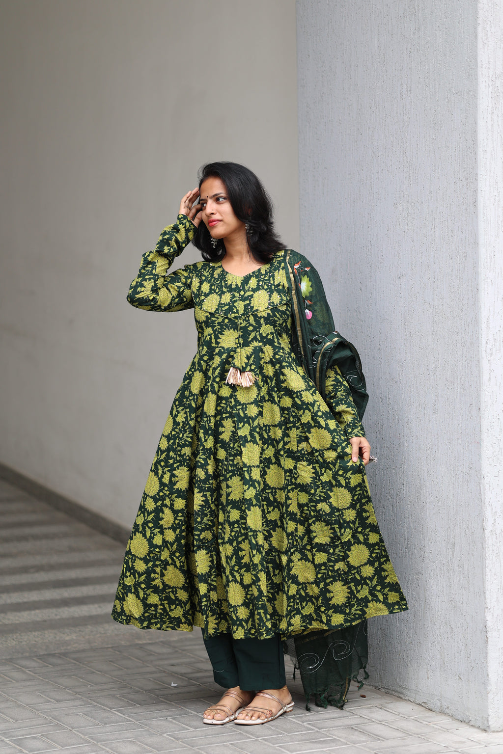 Green Cotton Anarkali Set