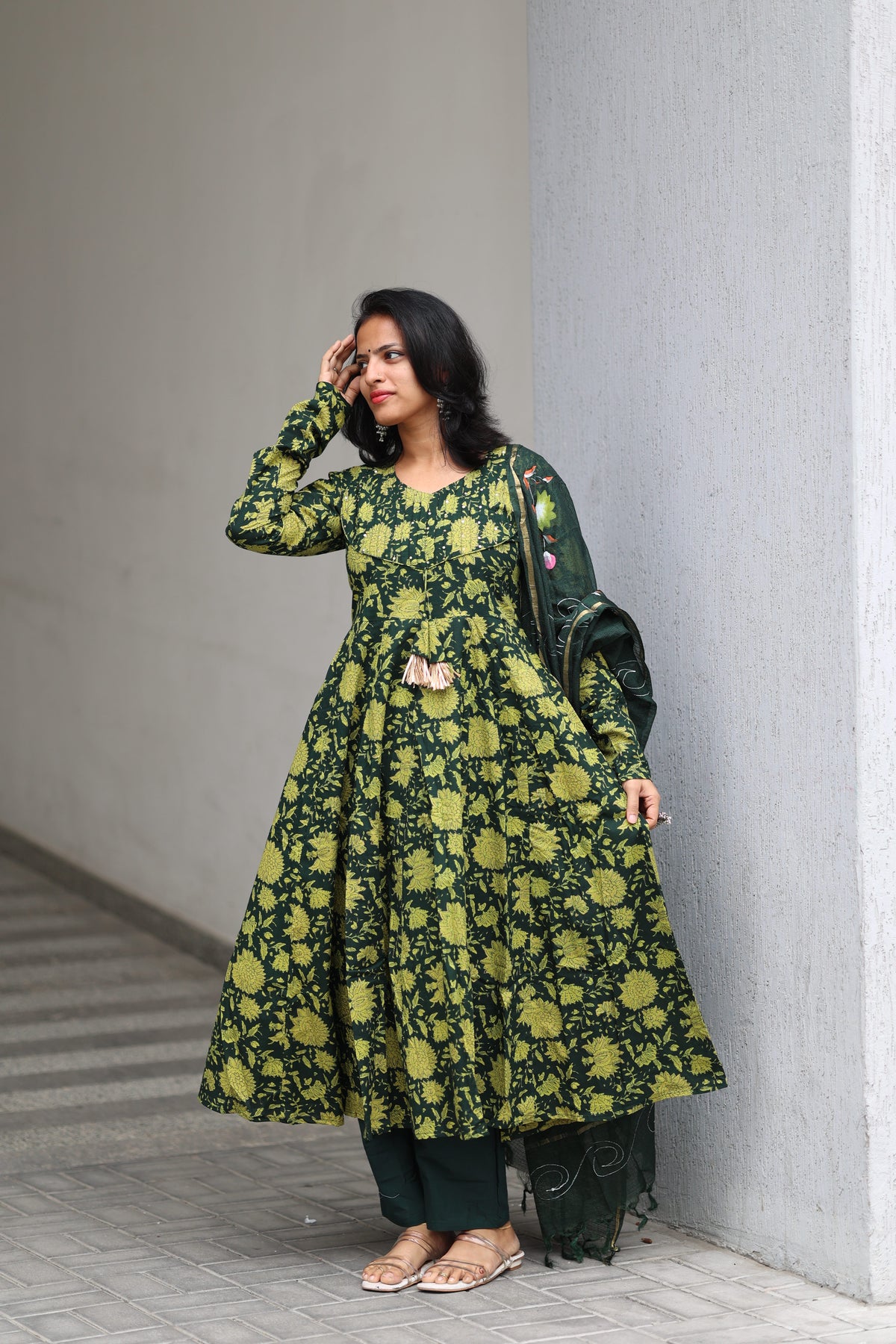 Green Cotton Anarkali Set