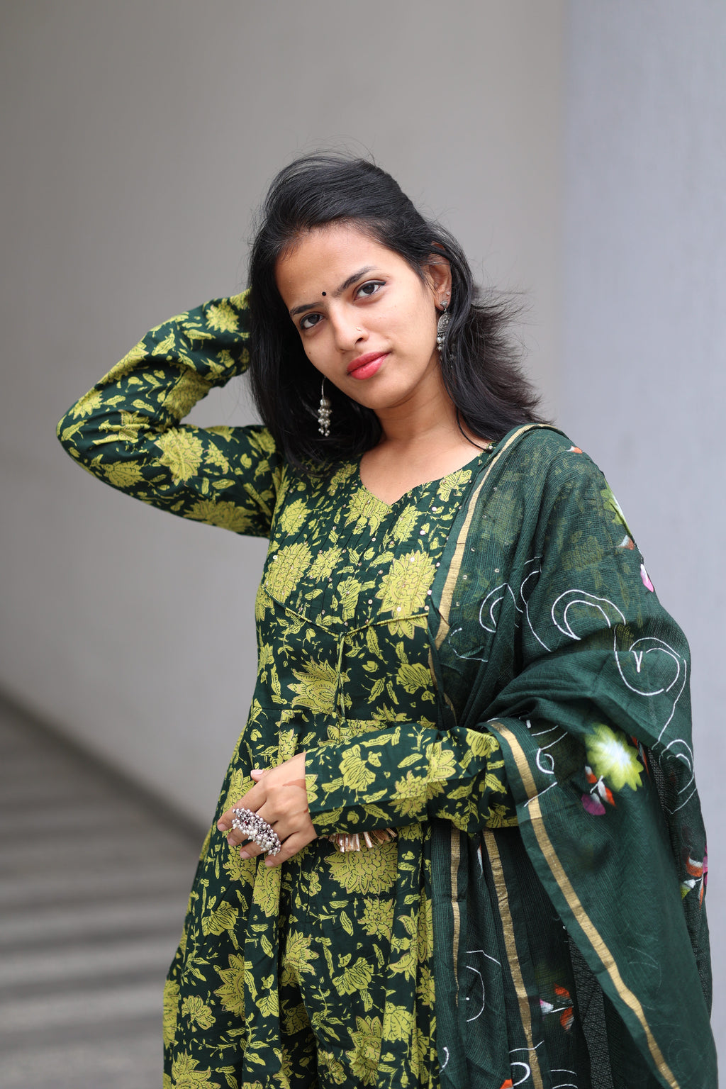 Green Cotton Anarkali Set