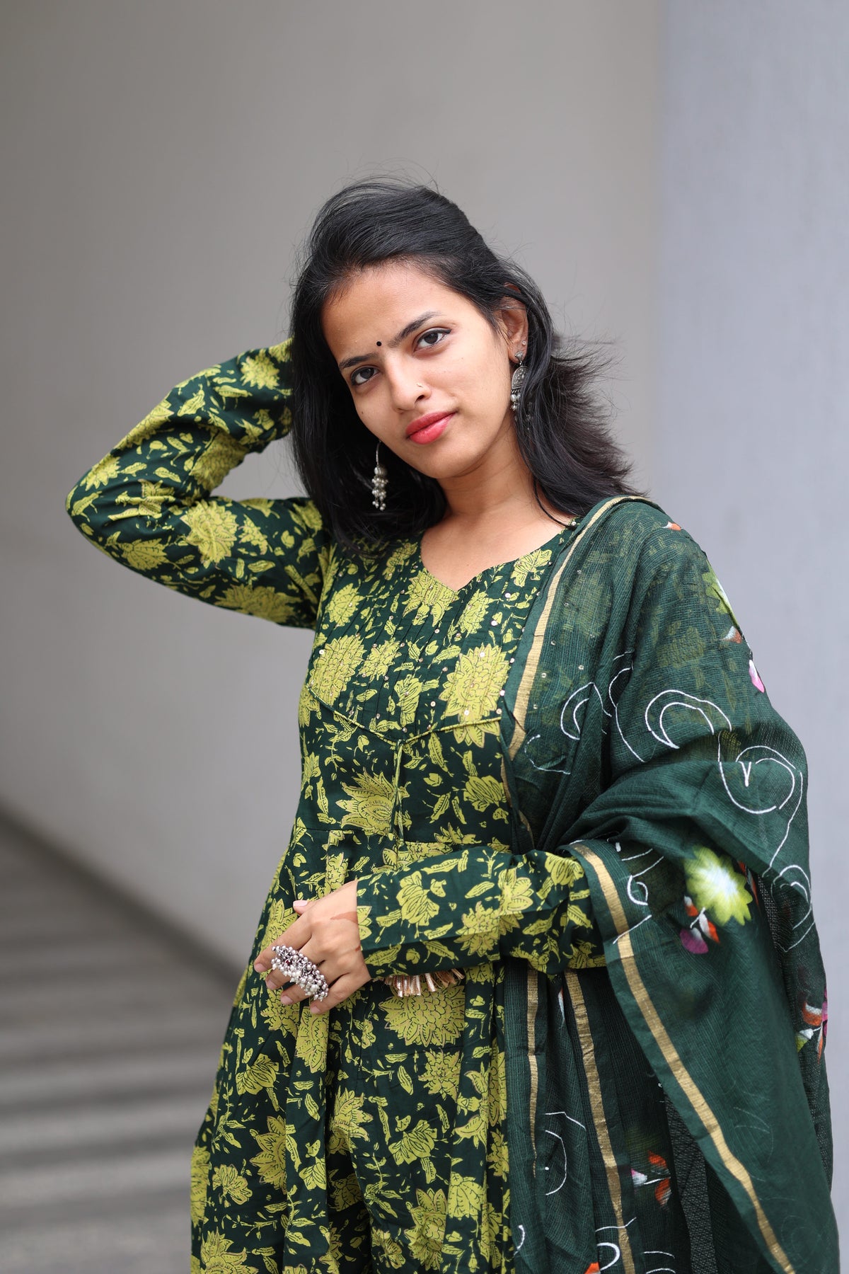 Green Cotton Anarkali Set