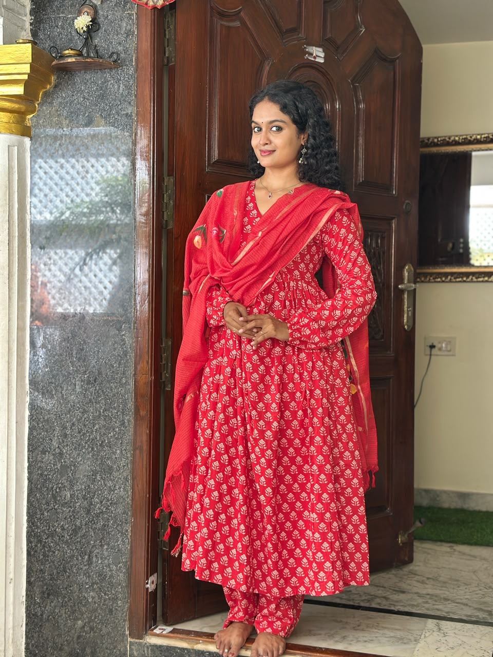 Red Full Sleeves Anarkali Set