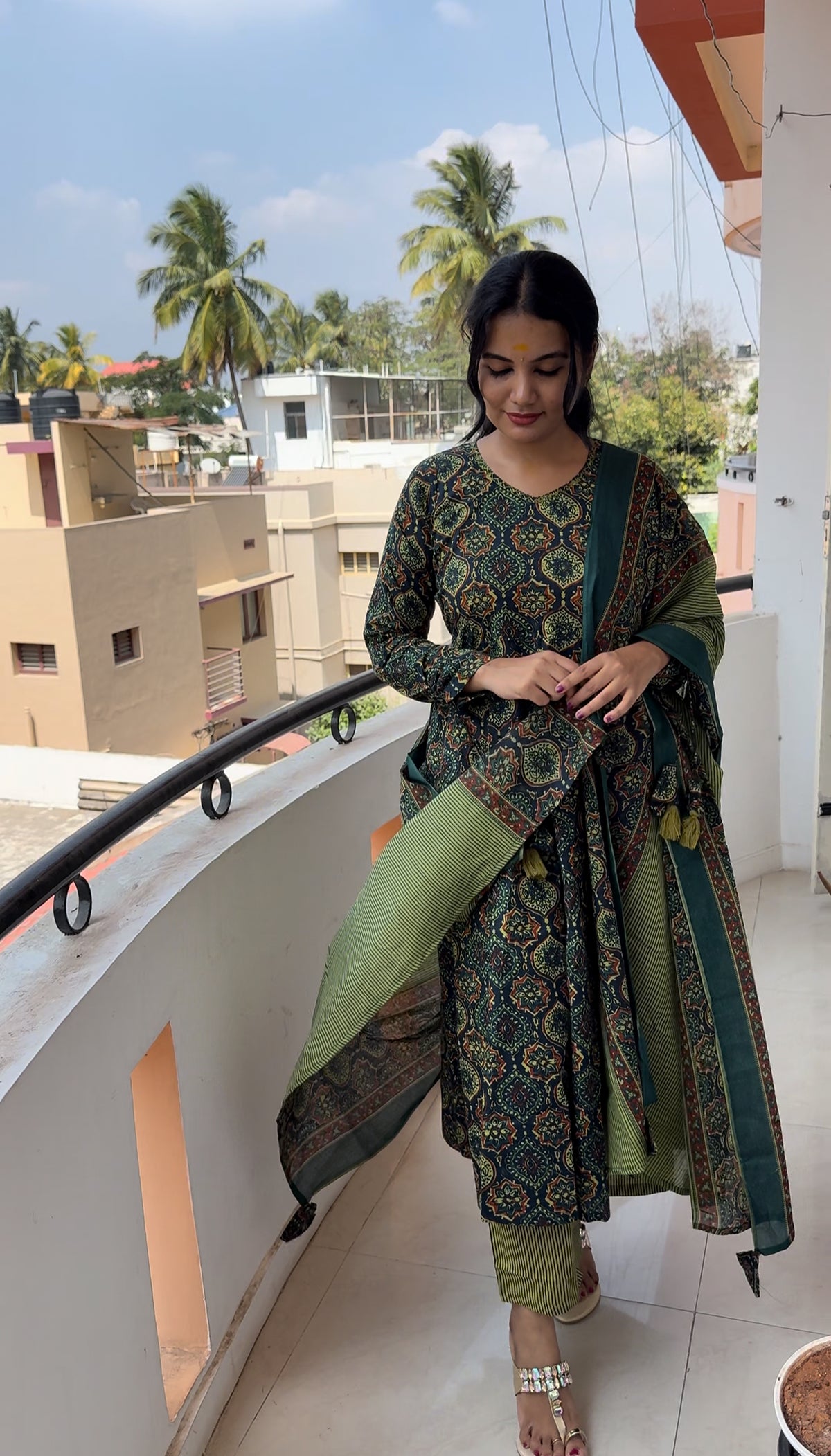 Green Ajrakh Anarkali set