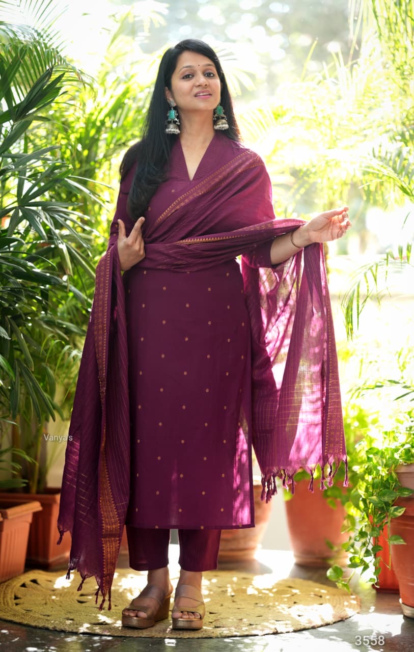 Chettinad Wine handloom Cotton salwar set