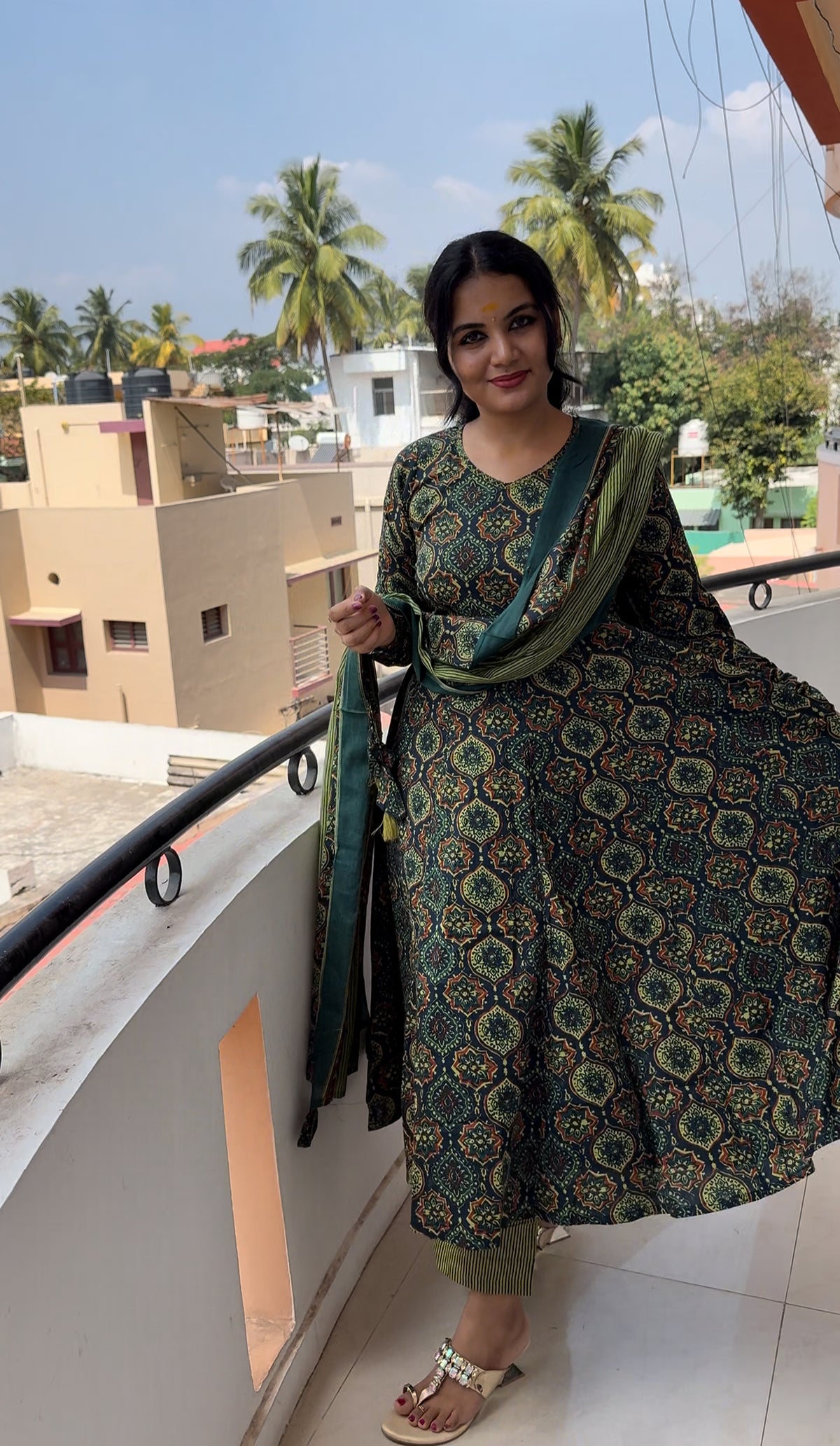 Green Ajrakh Anarkali set